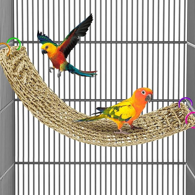 29.5 x 7 inches Large Bird Seagrass Mat Grass Woven Net Parrot Hammock Mat Parakeet Climbing Rope Ladder with Hooks Bird Cage Accessories for Conure Cockatiel Budgie Macaw