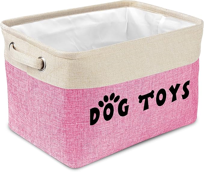 PET ARTIST Dog Toy Basket, Collapsible Dog Toy Bin Box with Comfortable Handles, Large Pet Toy Storage Organizer for Accessories, Toys, Coat & Clothing, Blanket & Leash, Pink, 15"x11"x9"