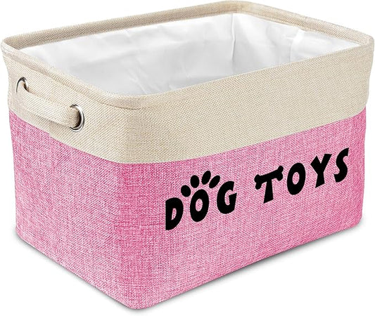 PET ARTIST Dog Toy Basket, Collapsible Dog Toy Bin Box with Comfortable Handles, Large Pet Toy Storage Organizer for Accessories, Toys, Coat & Clothing, Blanket & Leash, Pink, 15"x11"x9"
