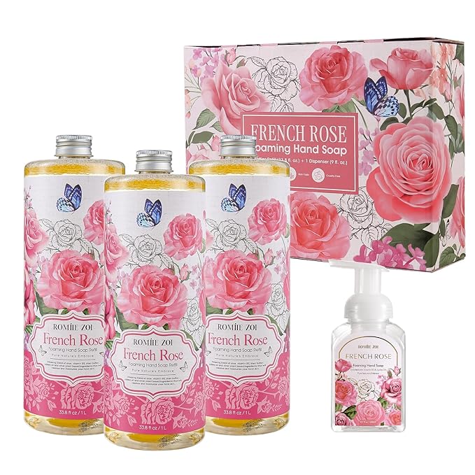 ROMIIE ZOI Rose Foaming Hand Soap Refill Gift Set – 3 Pack (33.8 Fl Oz Each) with Refillable Dispenser, Romantic Floral Scent, Moisturizing & Biodegradable for Bathroom, Kitchen, Sensitive Skin