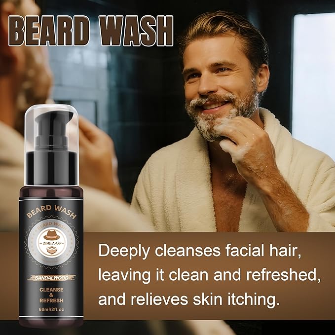 XIKEZAN Beard Kit for Men Care & Trimming Sets with 2 Pack Beard Oils Sandalwood, Wash, Conditioner, Balm, Brush, Comb & Scissors, Christmas Valentines Birthday Gifts for Dad,Stocking Stuffers for Men