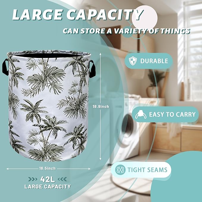 Tropical Palm Tree Laundry Basket Foldable With Handles Tote Bag Oxford Cloth Colorful Laundry Hamper 18.9"x16.5 "Clothe Storage Bucket Toy Organizer For Bathroom/Laundry/Bedroom
