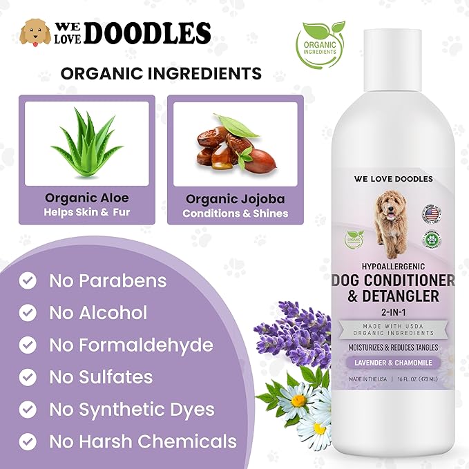 We Love Doodles Dog Conditioner & Dog Grooming Comb - 2-in-1 Conditioner for Allergies & Itching, Lotion Treatment for Dogs, Removes Tangles & Matts, Dematting Pet Combs, Detangler for Matted Hair