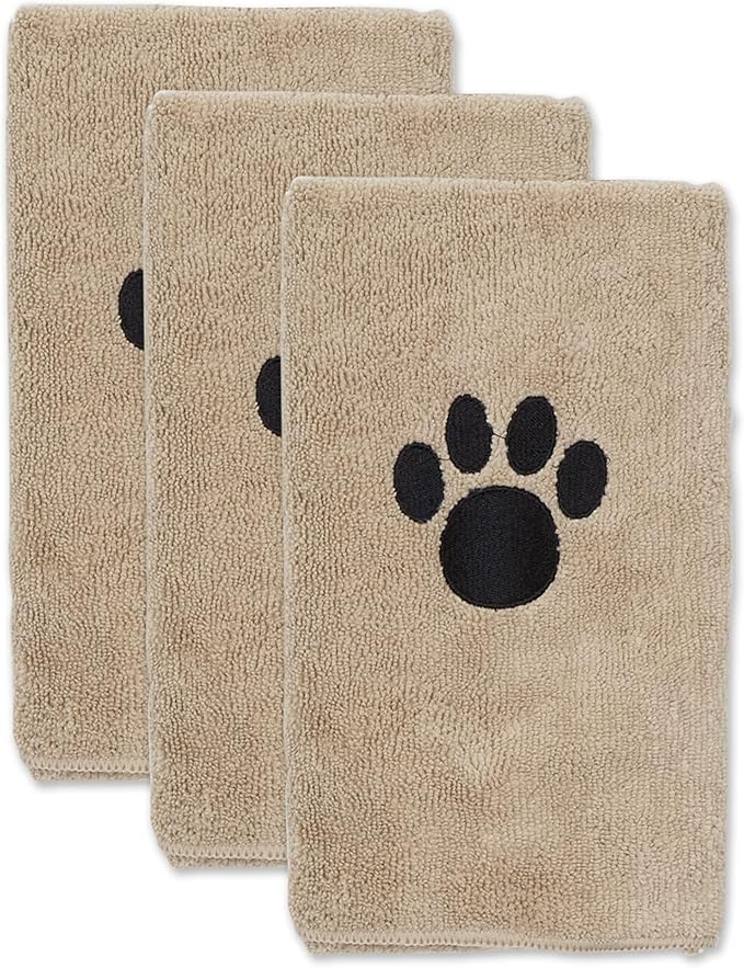 Bone Dry Pet Grooming Towel Collection Absorbent Microfiber Drying Set, 15x30", Embroidered Taupe, 3 Count
