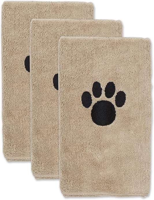 Bone Dry Pet Grooming Towel Collection Absorbent Microfiber Drying Set, 15x30", Embroidered Taupe, 3 Count