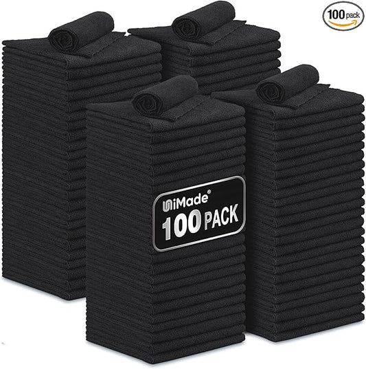 Microfiber Cleaning Cloth, 100 Pack Microfiber Towels for Cars Commercial Grade Work Rags Bulk Detailing Cloth for Automotive Bar Mechanic Restaurant Garage Housekeeping, 11.5"x 11.5", Black