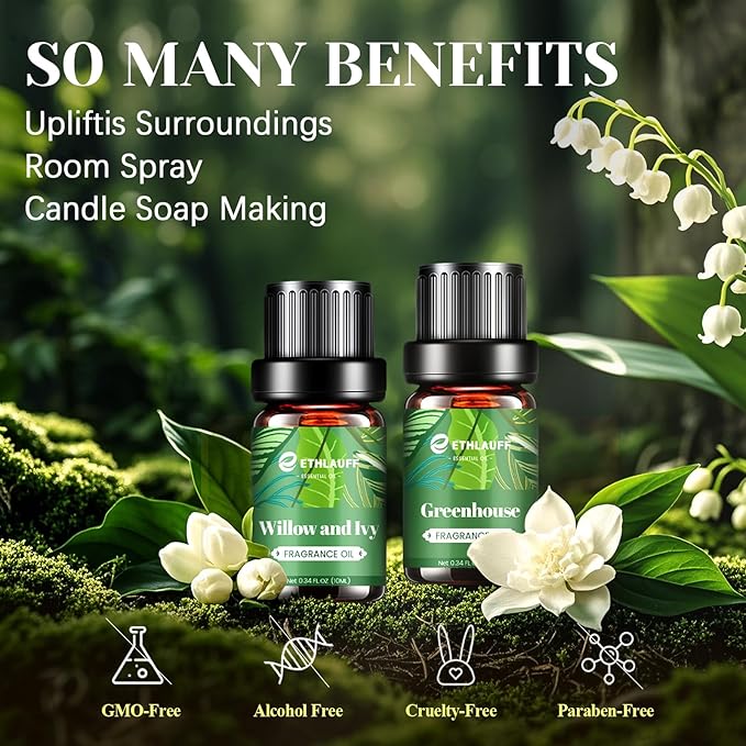 Fragrance Oils Set, Essential Oils for Diffuser for Home, Candle Sopa Making - Enchanted Forest, Willow and Ivy, Clover and Aloe, Fresh Bamboo, Scented Oil Gift Set