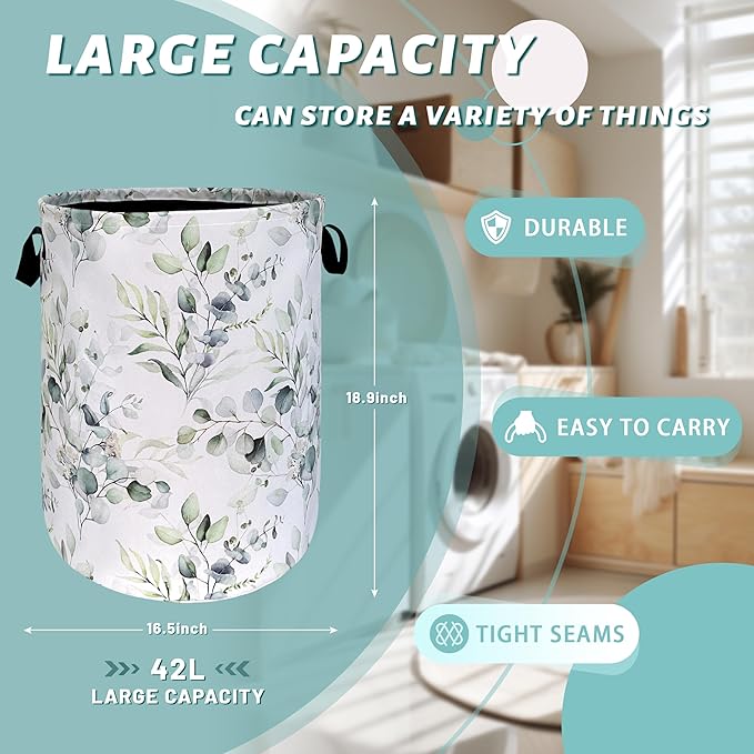 Watercolor Green Leaves Branches Laundry Hamper With Handles Foldable Oxford Cloth Tote Bag Colorful Laundry Basket Clothes Toy Storage Bucket 18.9" x 16.5" For Bathroom/Laundry/Bedroom