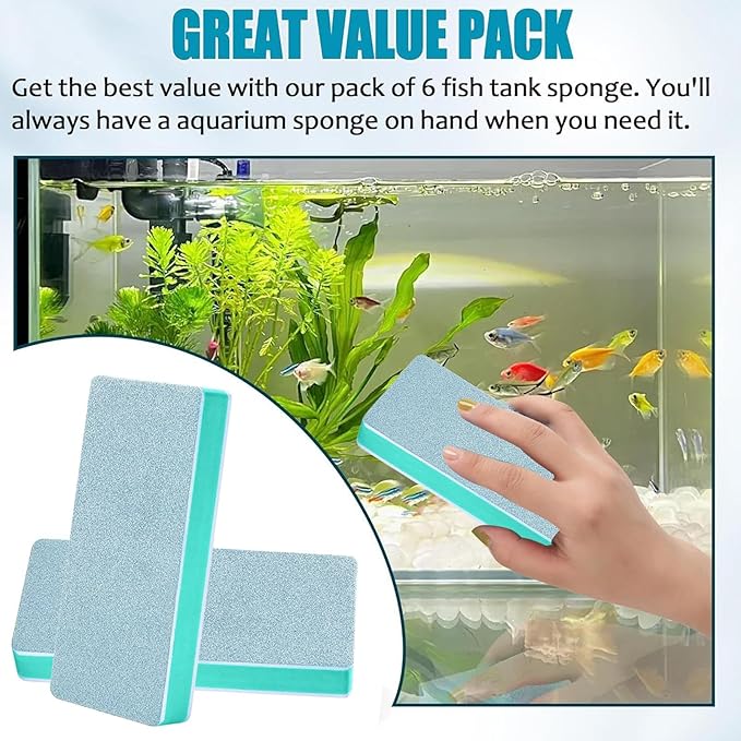 6Pcs Fish Tank Cleaning Pad - 9x4x1.2cm Aquariums Sponge, Stain Removal Aquarium Scrub Pad, AquariumGlass Cleaner Tank Cleaning Kit For Pond Tile Reptile Wall Shrimp Terrarium Betta Aquarium