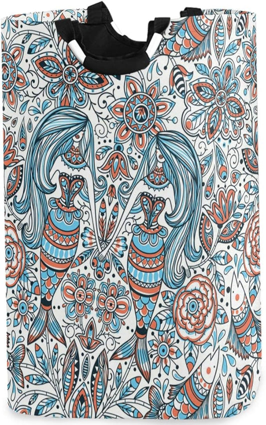 visesunny Collapsible Laundry Basket Vintage Mermaid Floral Large Laundry Hamper Oxford Fabric Dirty Clothes Toy Organizer with Handle For Bathroom Kids Room Dorm