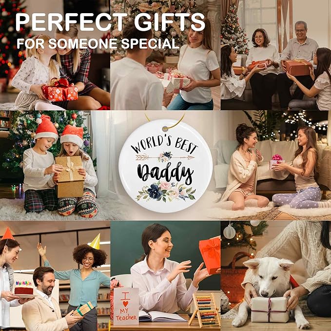 World's Best Daddy Ceramic Ornaments Gifts, Dad Father Papa Round Hanging Ornament Decor Decorations for Christmas Tree Car, Thank You Appreciation Gift for Daddy Birthday Holiday Father's Day