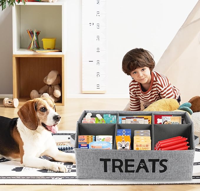 Dog Storage Organizer,Dog Treat Container Bin,Collapsible Fabric Storage Box for Pet Treats with dividers,Dog Stuff Container for Dog Treats Stick/Pet Canned Food/Packaged Snacks-Grey