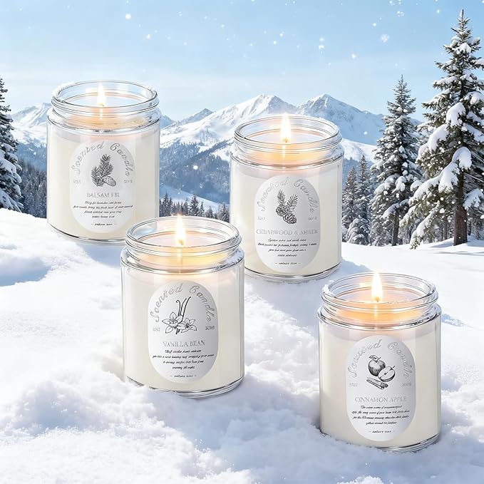 Winter Candle Gift Set, 4 Pack 28oz Soy Wax Scented Candles for Home – Cinnamon Apple, Balsam Fir, Vanilla Bean, Cedarwood & Amber – Cozy Aromatherapy Candles for Christmas, Holiday & Home Decor Gifts