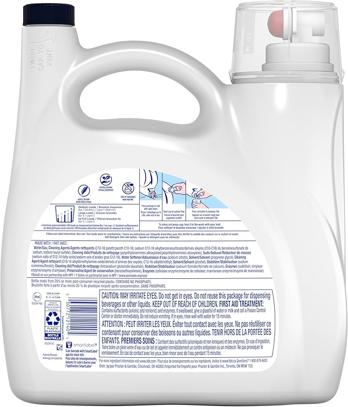 Tide Free & Gentle Liquid Laundry Detergent, 100 Loads, 132 fl oz, Tide Laundry Detergent, Clean Laundry Detergent