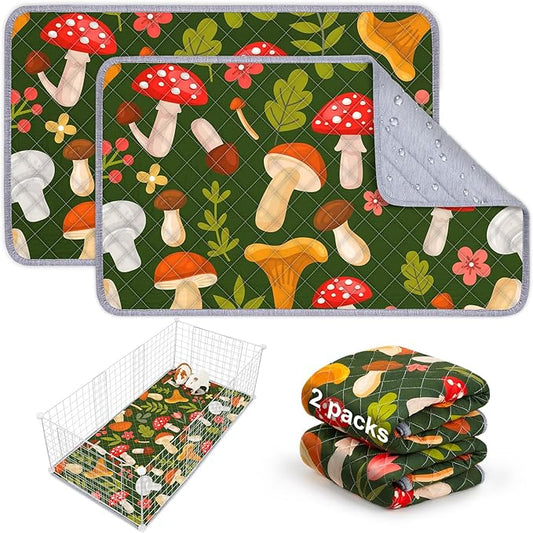 Bienbee Guinea Pig Bedding, 2 Pack 29" x 16" Reusable Guinea Pig Cage Liner Waterproof and Absorbent Small Animal Bedding Washable Guinea Pig Pee Pads for Small Pet Hamster Rabbit Squirrel, Mushroom