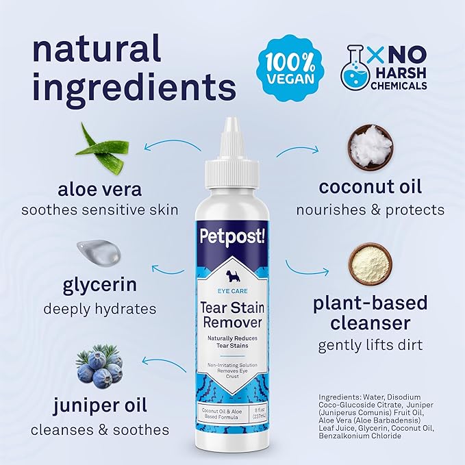 Petpost Tear Stain Remover for Dogs | 8 oz Gentle Dog Eye Cleaner Solution | Safe Dog Tear Stain Remover for White Fur & Light-Coated Breeds | Bleach Free