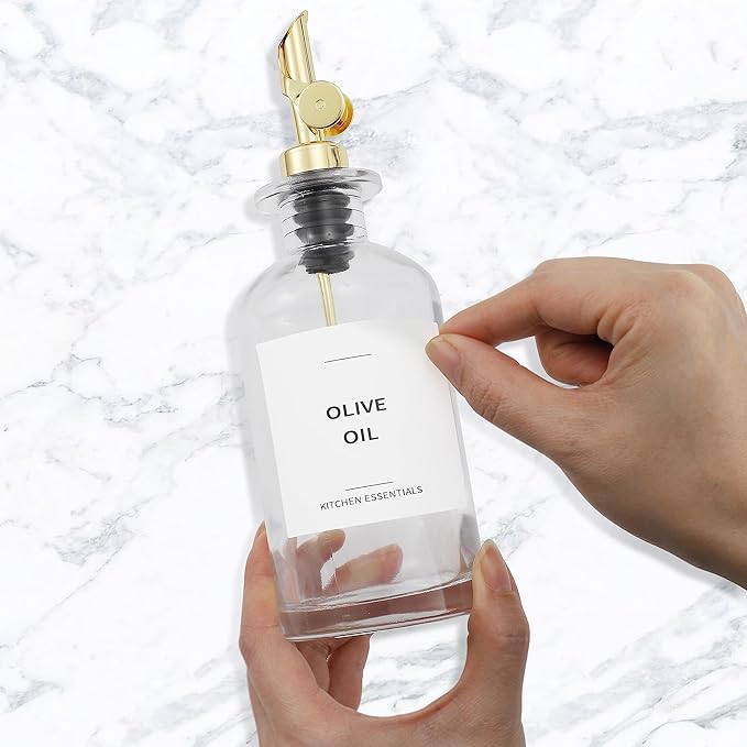 Olive Oil Dispenser Bottle - Includes 55 Kitchen Essential Labels - Cooking Oil Bottles for Kitchen, Coffee Syrup Dispenser - Pourer Spout with 11.8 fl oz Glass Container Cruet - 4pcs, Gold