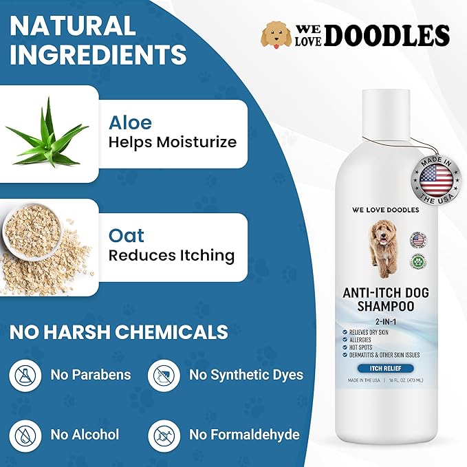 We Love Doodles Anti Itch Dog Shampoo & Slicker Brush - for Sensitive Skin, Dry Skin Treatment, Great for Allergies, Itching Skin, Hot Spots, Allergy Relief, for Grooming Pet Hair, Made in USA
