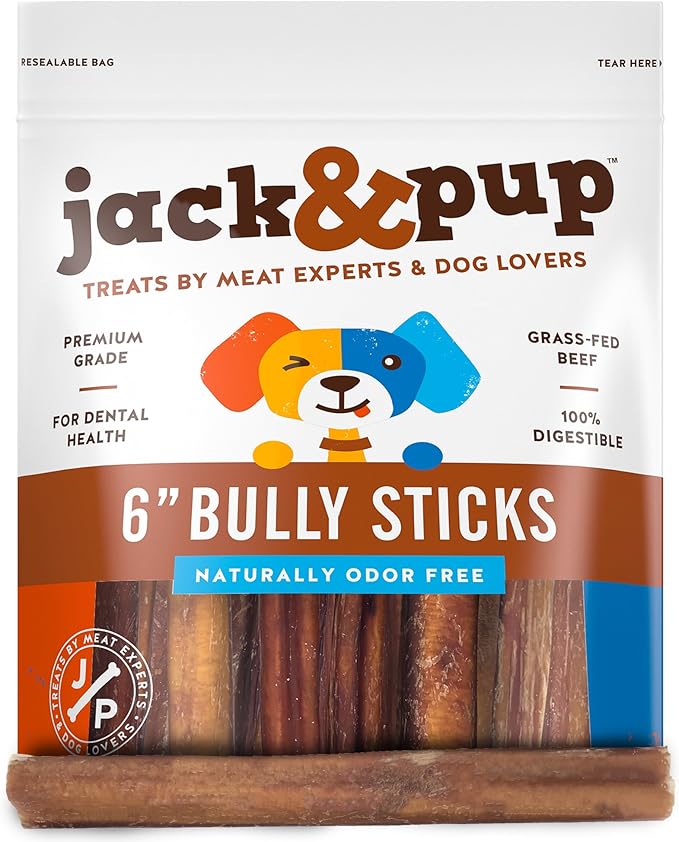 Jack&Pup 6 Inch Bully Sticks for Medium Dogs, Dog Bully Sticks for Small Dogs-6" Stick for Puppies Bully Stick Odor Free Long Lasting Dog Chews, (6 Inch Bully Stick 50 Pack)