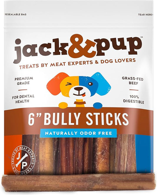 Jack&Pup 6 Inch Bully Sticks for Medium Dogs, Dog Bully Sticks for Small Dogs-6" Stick for Puppies Bully Stick Odor Free Long Lasting Dog Chews, (6 Inch Bully Stick 50 Pack)