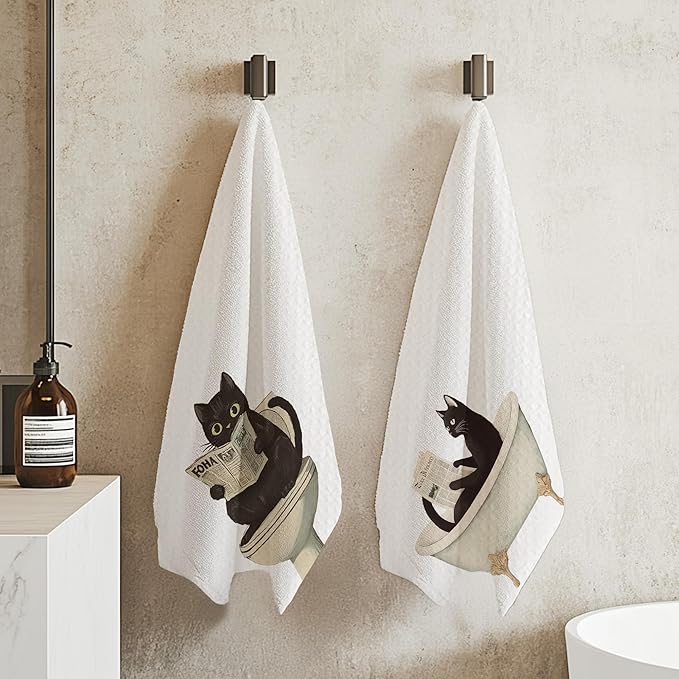 Cabana Bro Funny Black Cat Bathroom Hand Towels, Black Cat Gifts, Funny Kitty Read Newspaper Decorative Hand Towels for Kids Bath Room Washroom Spa Dorm, 16x24 Inch Set of 2