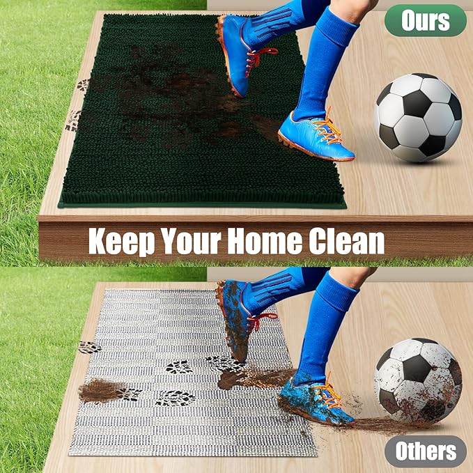 IM HOME Chenille Absorbent Outdoor Doormat 48" x 30", Washable Muddy Door Mats for Dog Non Slip Indoor Doormat Dog Mat for Muddy Paw Front Inside Doormats for Entryway Dark Green