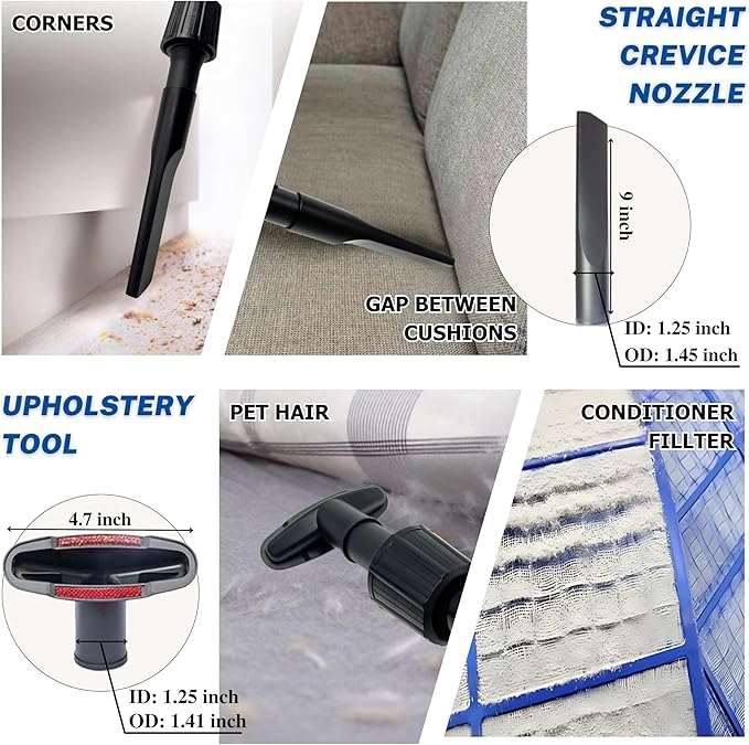1.25 Inch Vacuum Brush Attachment Kit Compatible with All Vacuums Using 1-1/4'' Accessories - 1.25 Inch Shop Vac Accessories: Horse Hair Dust Brush, Vacuum Extension Wand and More (10 Pack)