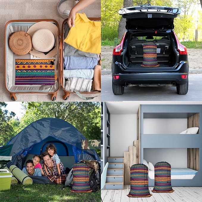 Swono Mexican Texture Heavy Duty Laundry Drawstring Bag with Strap, Indian Style Hand Drawn Abstract Backdrop 28 x 40 Inches Travel Dirty Clothes Bag for Laundromat and Household