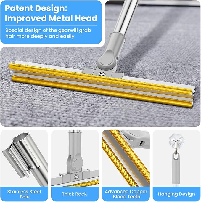 3 in 1 Carpet Rake for Pet Hair Removal, Tool Set of 3, 55” Long Handle Carpet Pet Hair Removal Carpet Scraper Dog Cat Hair Remover for Sofa, Couch, Car, Rug (Gray)