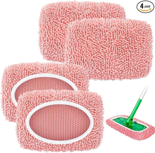 4 Pack Reusable Mop Pads Compatible with Swiffer Sweeper, Microfiber Chenille Washable Swiffer Mop Pads, Dry & Wet Sweeping Mopping Cloths (Pink)