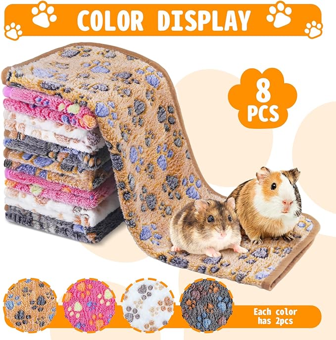 8PCS Soft Guinea Pig Bedding Blankets Washable Small Animal Fleece Cage Liners Reusable Pet Pee Pad Sleep Mat Pad Cover for Hamster Chinchilla Rabbit Hedgehog Dog Cat Essentials (16×24 Inch)