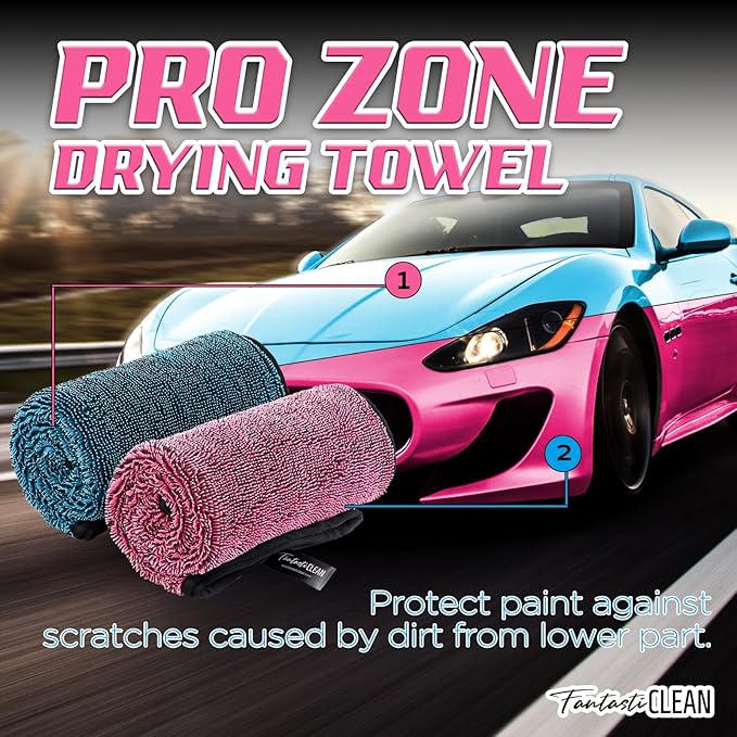 Fantasticlean Large Car Drying Towels- 2 Pack, 32‘’ by 24'' -Premium Microfiber Cleaning Cloth with Dual-Colored Twisted Loop, Ultra Absorbent, Scratch-Free for Instant Car Detailing (Pink and Blue)