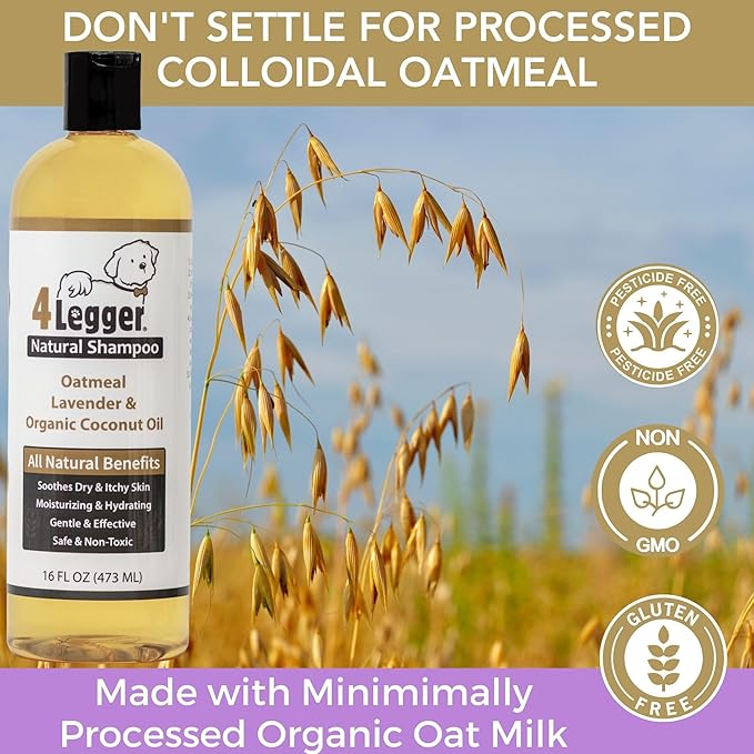 4Legger All Natural Organic Oatmeal Dog Shampoo for Itchy Skin with Aloe, Coconut & Lavender Essential Oil, Hypoallergenic, Moisturizing for Normal, Dry, Itchy, or Sensitive Skin, USA Made, 16 oz