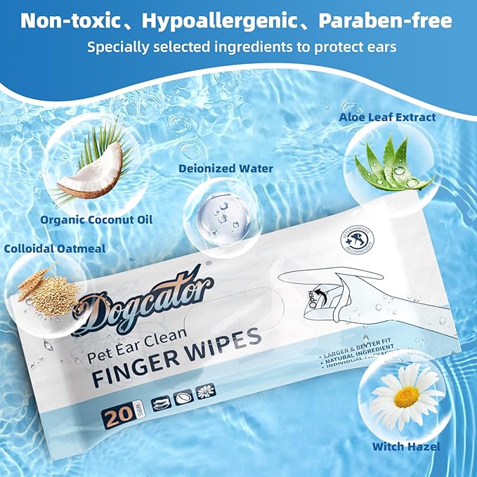 Dog Ear Wipes, Ear Wipes for Dogs Cats, Dog Ear Cleaner Finger Wipes for Ears, Teeth, Eyes, Paws, Fresh Coconut Scent Ear Infection Treatment, 60 Pcs Individual Packaging