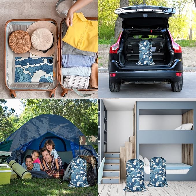 Swono Wave Large Collapsible Laundry Bag - Surf Sea Cartoon Blue White Foldable Hamper, Football Grid Oxford Cloth, Holds 4 Loads, Ocean Theme