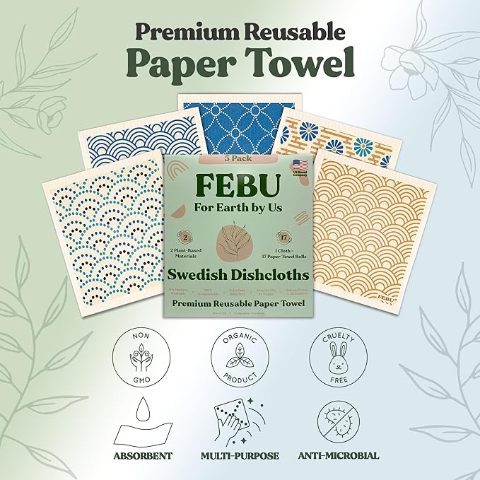 FEBU Swedish Dishcloths for Kitchen | 5 Pack Japanese Reusable Paper Towels Washable | Swedish Dish Towels | Non-Scratch Cellulose Sponge Cloths | No Odor, Biodegradable Cleaning Cloths