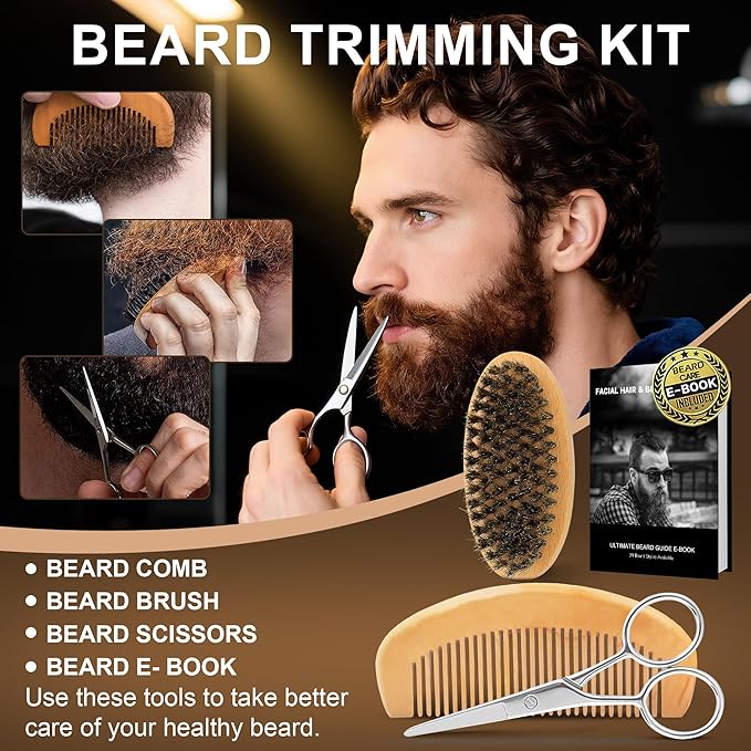XIKEZAN Beard Kit for Men Care & Trimming Sets with 2 Pack Beard Oils Sandalwood, Wash, Conditioner, Balm, Brush, Comb & Scissors, Christmas Valentines Birthday Gifts for Dad,Stocking Stuffers for Men