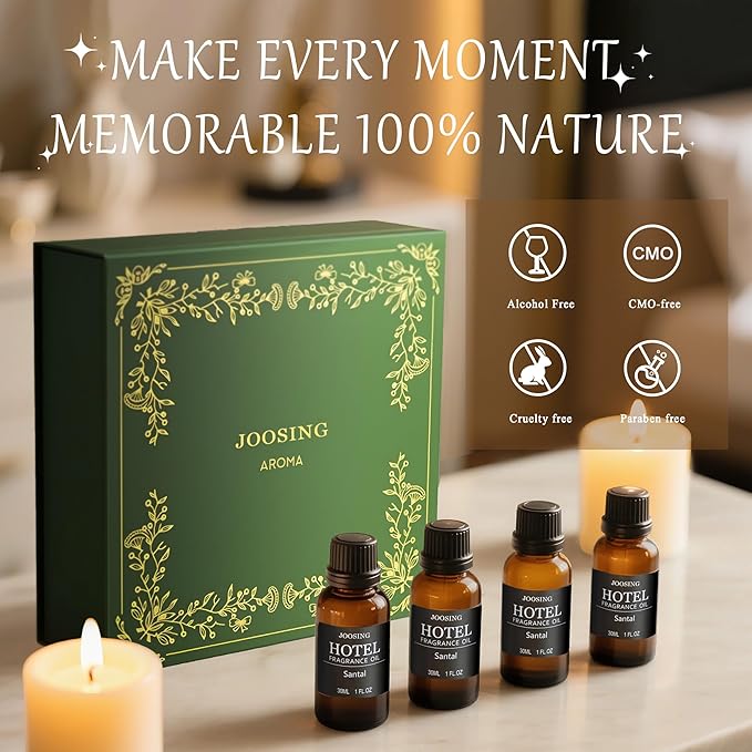 Hotel Diffuser Oils Set, Joosing Hotel Collection Diffuser Oils (4 Fl Oz Total) 4 x 30ml Large Bottles,Premium Essential Oil Set No. 10012 Santal for Le Labo Aromatherapy Diffusers and Humidifiers