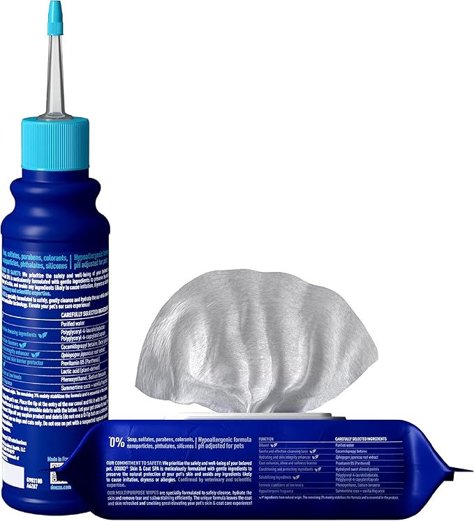 DOUXO® Skin & Coat SPA – Ultra-Safe Combo for Dogs & Cats, Multipurpose Wipes (100 Count, Cleans & Refreshes Coat) + Dewaxing Ear Cleaner (4.1 fl oz, Safely Dewaxes Ears)