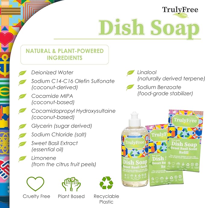 Truly Free Natural Concentrated Dish Detergent Dishwashing Liquid | Plant-Based Dish Soap | Sweet Basil Fresh Scent | 2 Refill Packs with 1 Empty Refillable Squeeze Bottle (16 Oz)