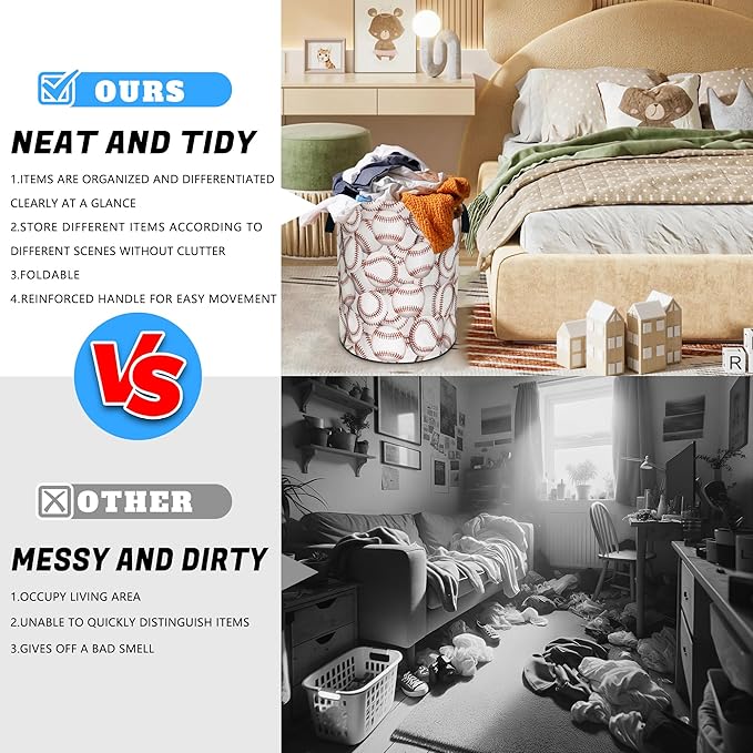 Baseball Laundry Basket Ball Oxford Cloth Laundry Hamper With Handle Foldable Portable Clothes Storage Basket 18.9 X 16.5 In Storage Bag For Laundry Room/Bathroom/Bedroom/Dormitories