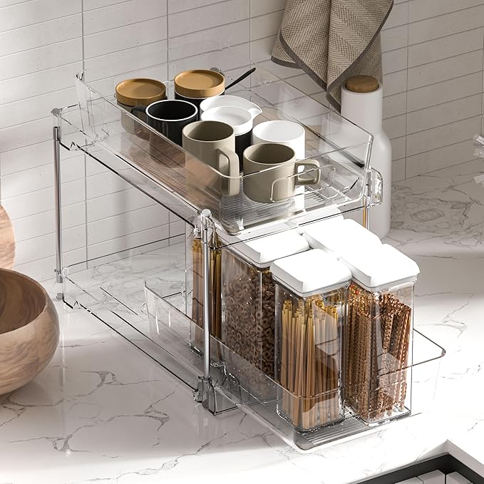 2 Tier Under Sink Organizer, 2 Pack Clear Bathroom Storage Vanity Counter Container, Cabinet Drawers Bins, Pull-Out Storage and Organization with Track for Pantry, Kitchen