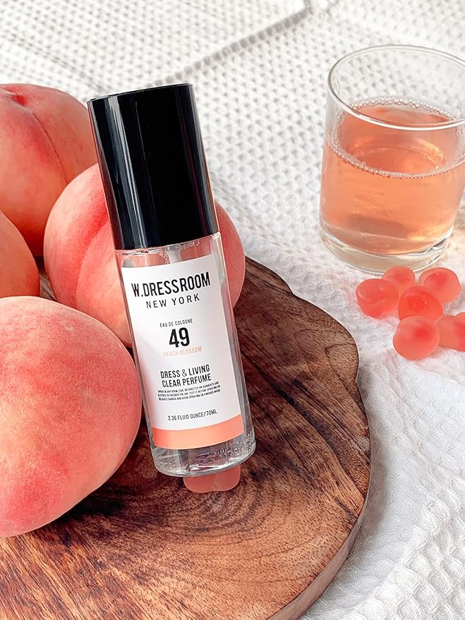 W.Dressroom No.49 Peach Blossom Living Clear Perfume, Body Mist & Fabric Spray Deodorizer, Alcohol-Free Water-Based, Odor Neutralizer for Clothes, Bedding & Room, Travel Size 2.36 oz