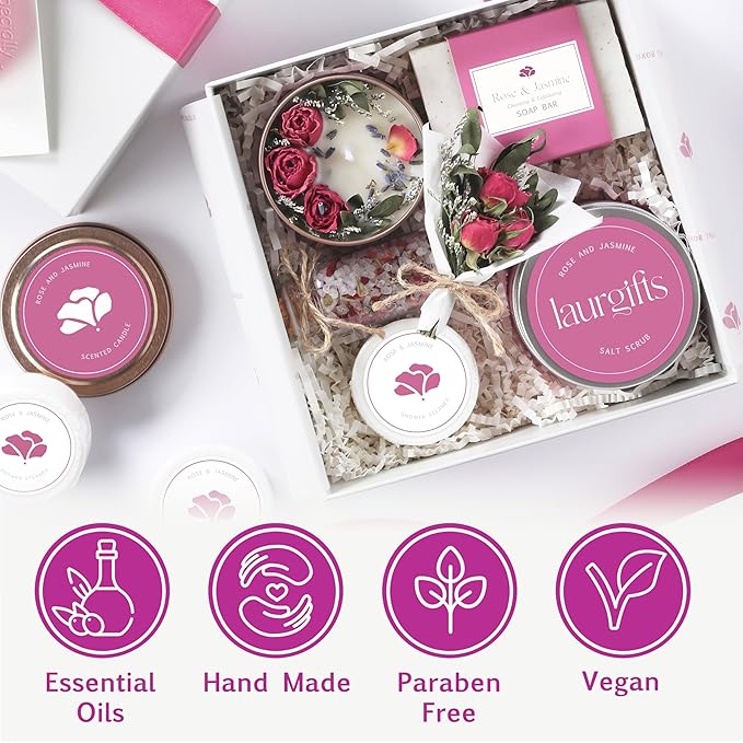 Spa Gift Set for Women – Small Self Care Gift Box with Relaxing Rose & Jasmine Scent – Bath Gift for Birthday, Christmas & Thank You – Elegant Spa Gift for Mom, Wife, Sister or Friend