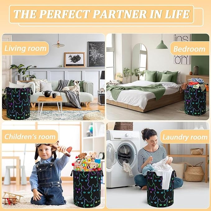 Funny Black Cats Laundry Hamper Bag With Waterproof Liner - Cute Animal Silhouettes Round Laundry Basket Foldable Clothes Storage Organizer For Bathroom Bedroom Nursery Dorm, M-19.6"X 15.7"