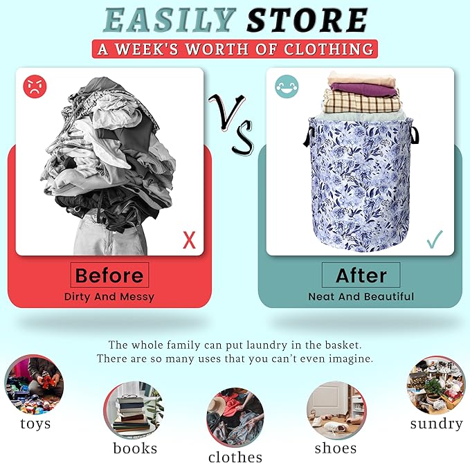 Blue Flower Floral Laundry Basket Foldable With Handles Beautiful Tote Bag Oxford Cloth Colorful Laundry Hamper Clothes Storage Bucket Toy Organizer 18.9"x16.5"For Bathroom/Laundry/Bedroom