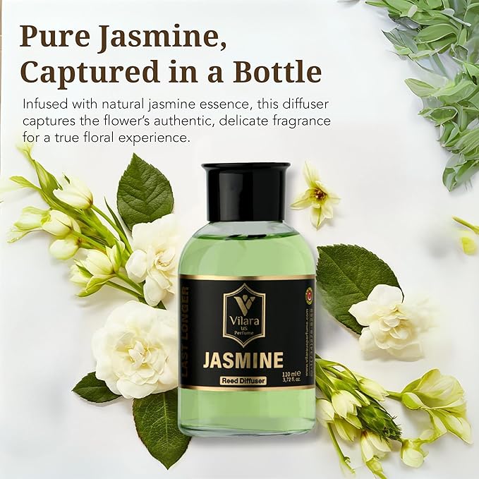 Jasmine Reed Diffuser Set - Luxury Reed Diffusers for Home, Bathroom, Bedroom, Powder Room - Long-Lasting, Natural Flower Scent Sticks - Decorative Home Fragrance Bottle - 3.72 fl oz