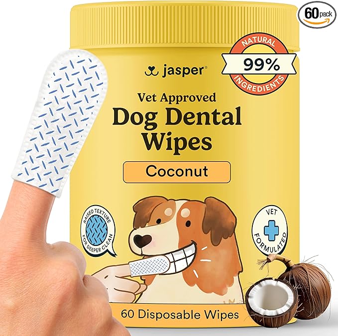 Jasper Dog Dental Wipes, Vet-Recommended All-Natural Finger Toothbrush Wipes for Dogs, Fresh Breath & Tartar Control in Seconds – No Brush and Toothpaste Needed, Coconut, 60 Count