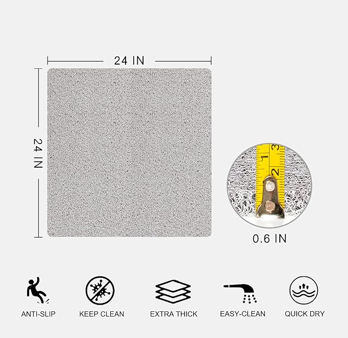 Nonslip Bathtub Mat, Anti Slip Bath Mat 0.6" Extra Thick, Quick Dry Bath Tub Anti Slip Shower Mat, Loofah Non-Slip Bath Mat for Tub Bathroom Pool Kitchen Entryway Home Hotel(Light Gray 24x24)