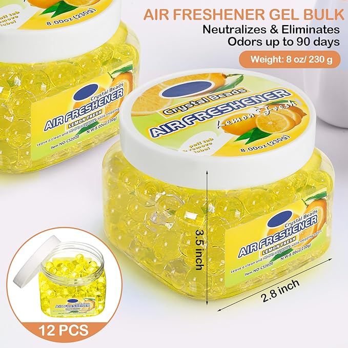 12 Pcs Air Freshener Gel Bulk Odor Eliminator Gel Beads 8 oz Long Lasting Air Freshener Beads Eliminates Odors in Home Bathrooms, Cars, Boats, Rvs and Pet Areas(Lemon)